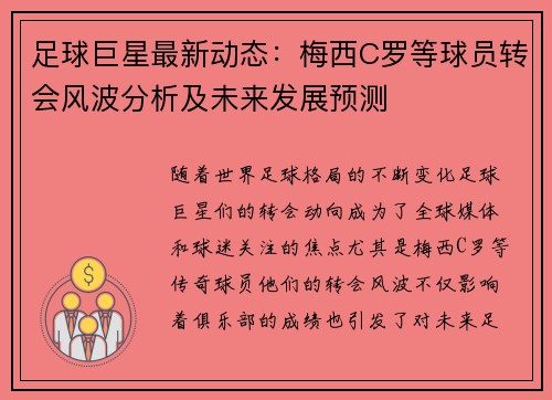 足球巨星最新动态：梅西C罗等球员转会风波分析及未来发展预测