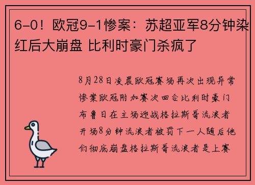 6-0！欧冠9-1惨案：苏超亚军8分钟染红后大崩盘 比利时豪门杀疯了